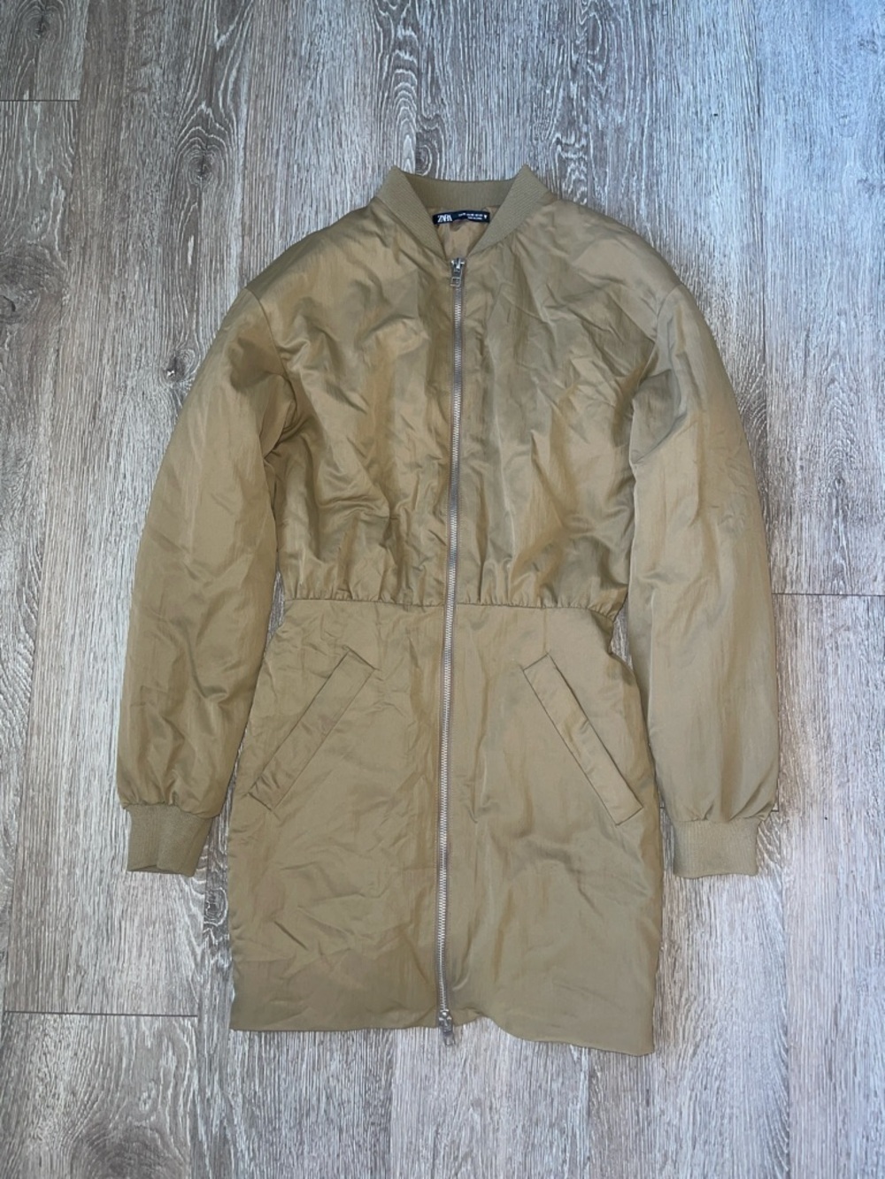 Zara Tan Bomber zip up Jacket Dress puffer tan casual size xs mini dress - Picture 2 of 7